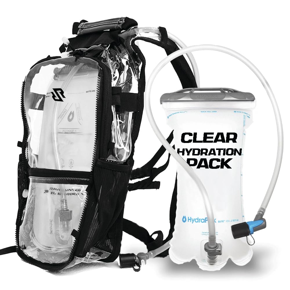 RaverRunner Clear Hydration Pack front view, festival-ready with quick access on the go