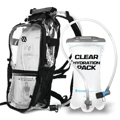 RaverRunner Clear Hydration Pack front view, festival-ready with quick access on the go