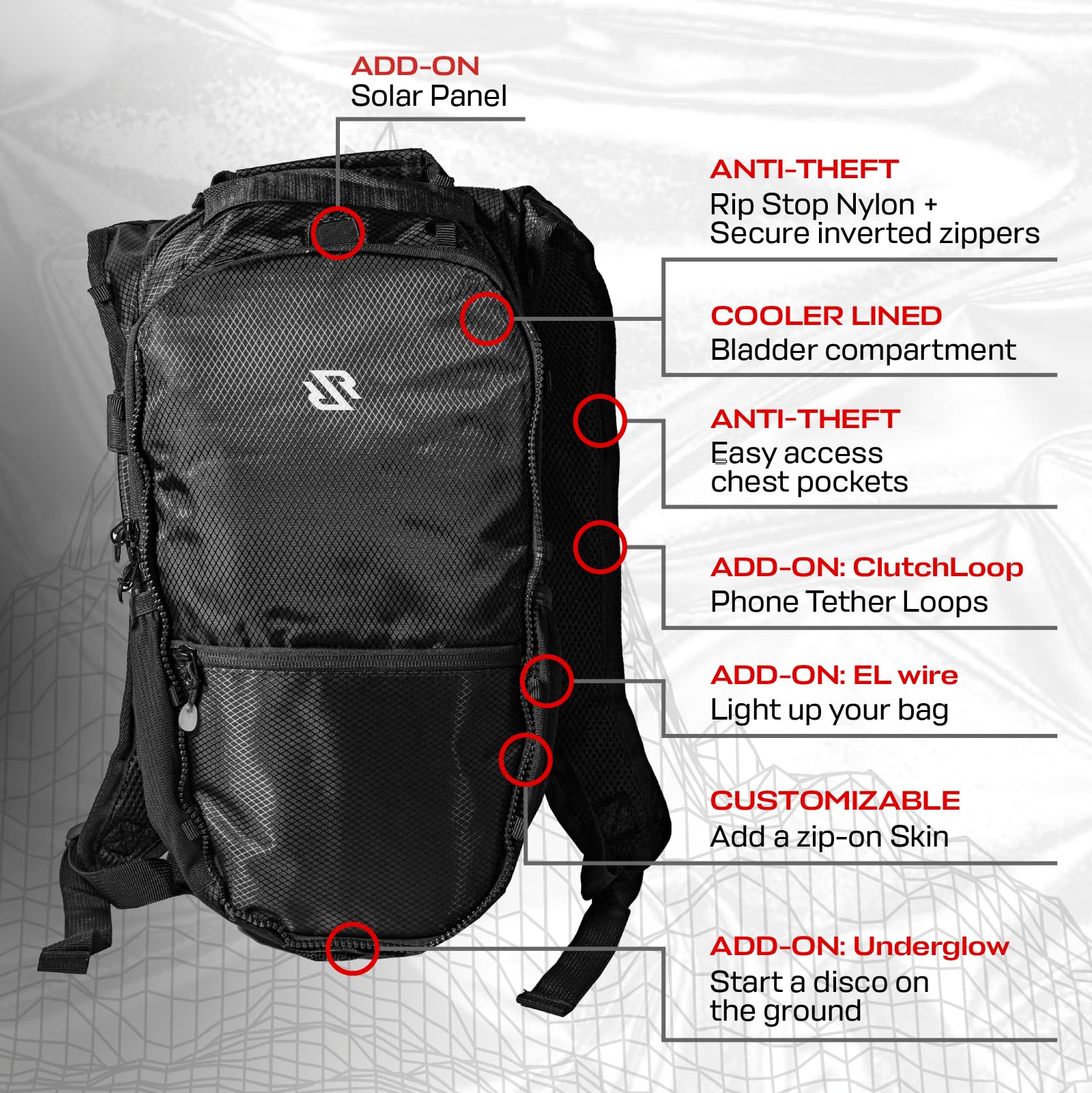 RaveRunner inverted zippers and cut-proof materials deter pickpockets