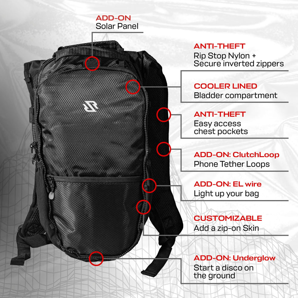 RaveRunner inverted zippers and cut-proof materials deter pickpockets