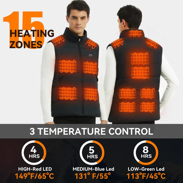 Ravsau heated vest back view shows 15 heating zones for even warmth across the torso.