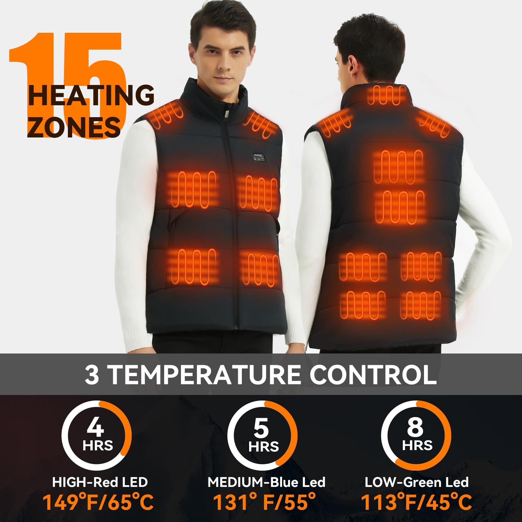 Ravsau heated vest back view highlighting back coverage for warmth during cold hikes.