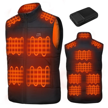 Ravsau heated vest front view with battery pack powering all-day warmth for outdoor activities.