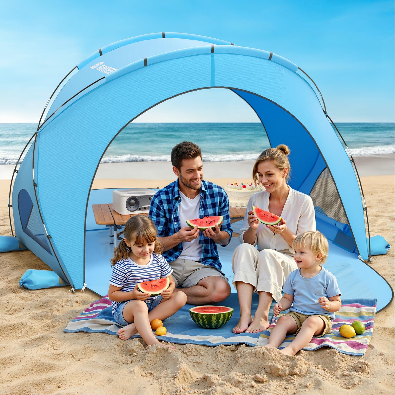 Raynesys Beach Tent seats 1-4 people for beach trips.