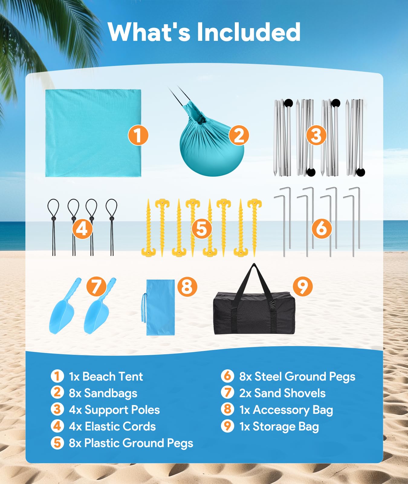 Raynesys Beach Tent four aluminum poles offer durable, lightweight support