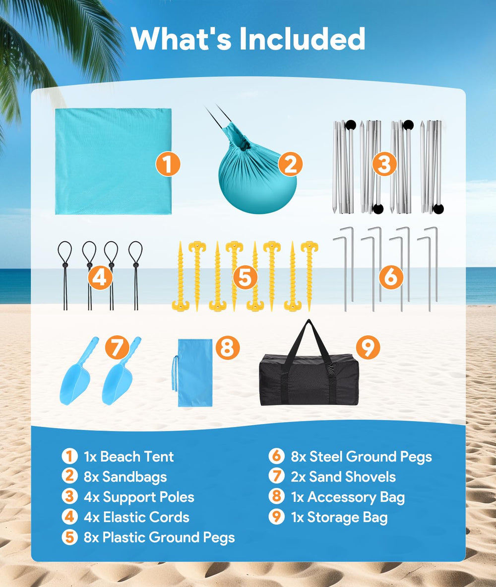 Raynesys Beach Tent four aluminum poles offer durable, lightweight support