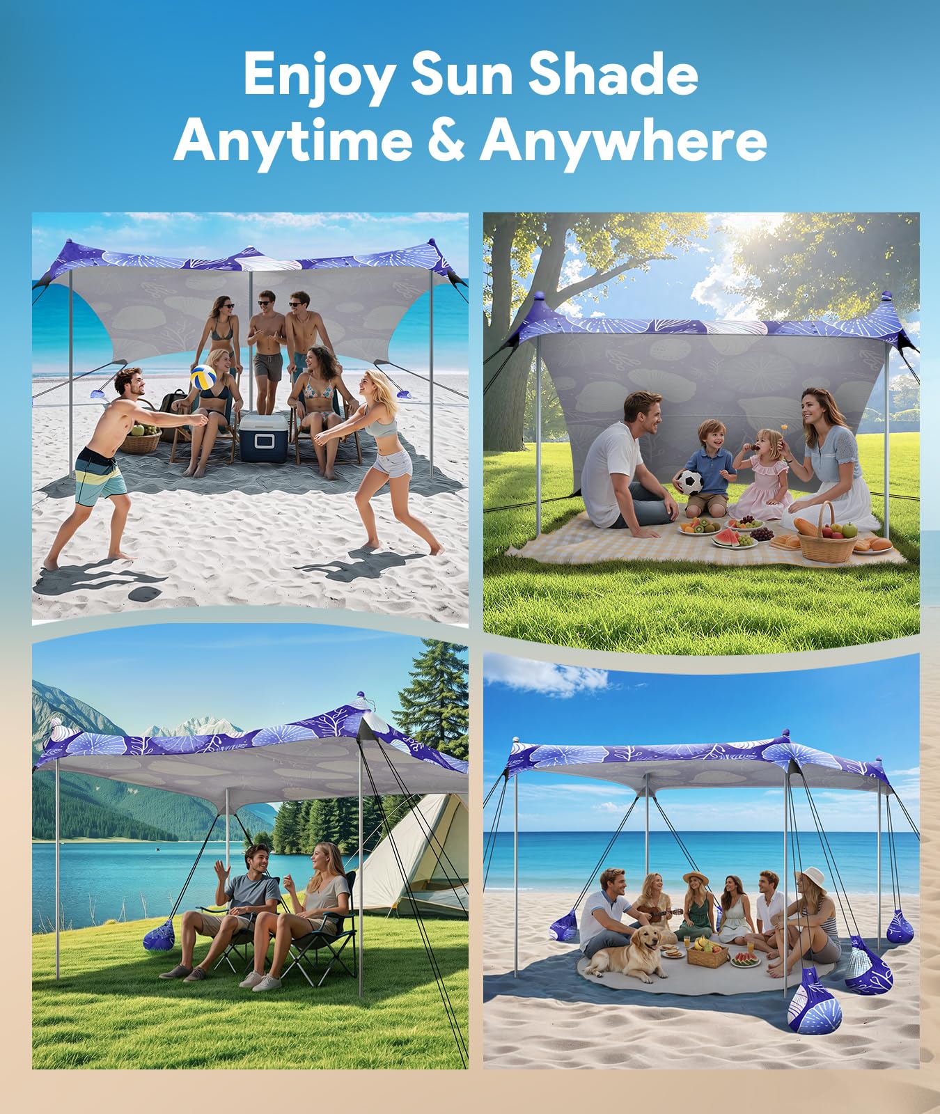 Raynesys easy-assembly tent with sand shovel speeds setup on sunny shores