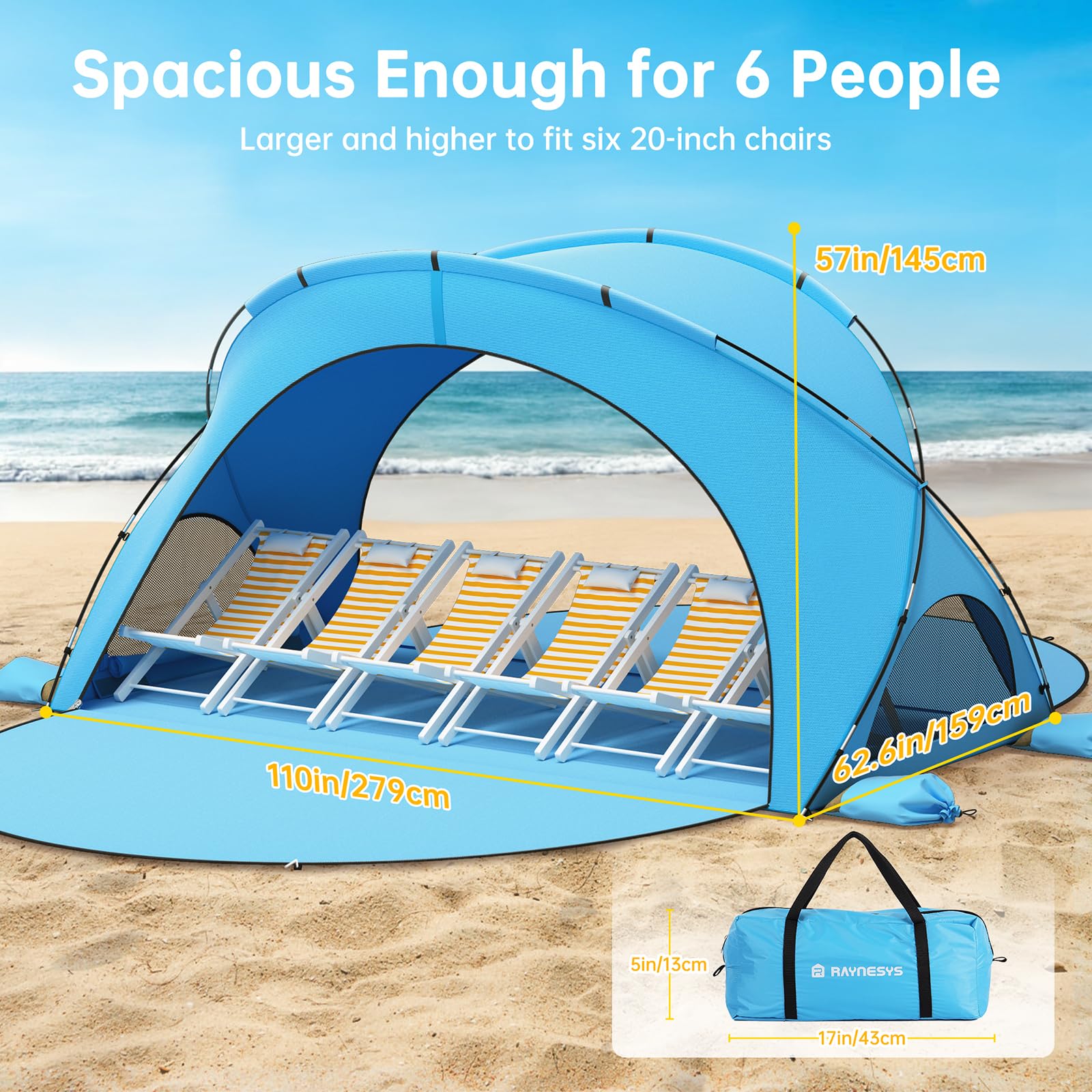 Raynesys quick-setup beach shade folds into a compact carry bag.