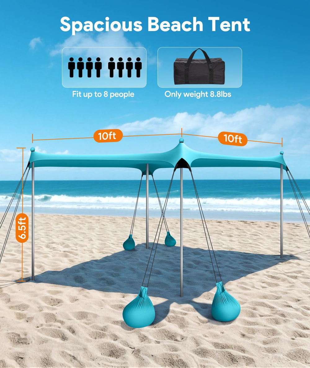 Raynesys Beach Tent includes eight sandbags for stable setup on sand or grass