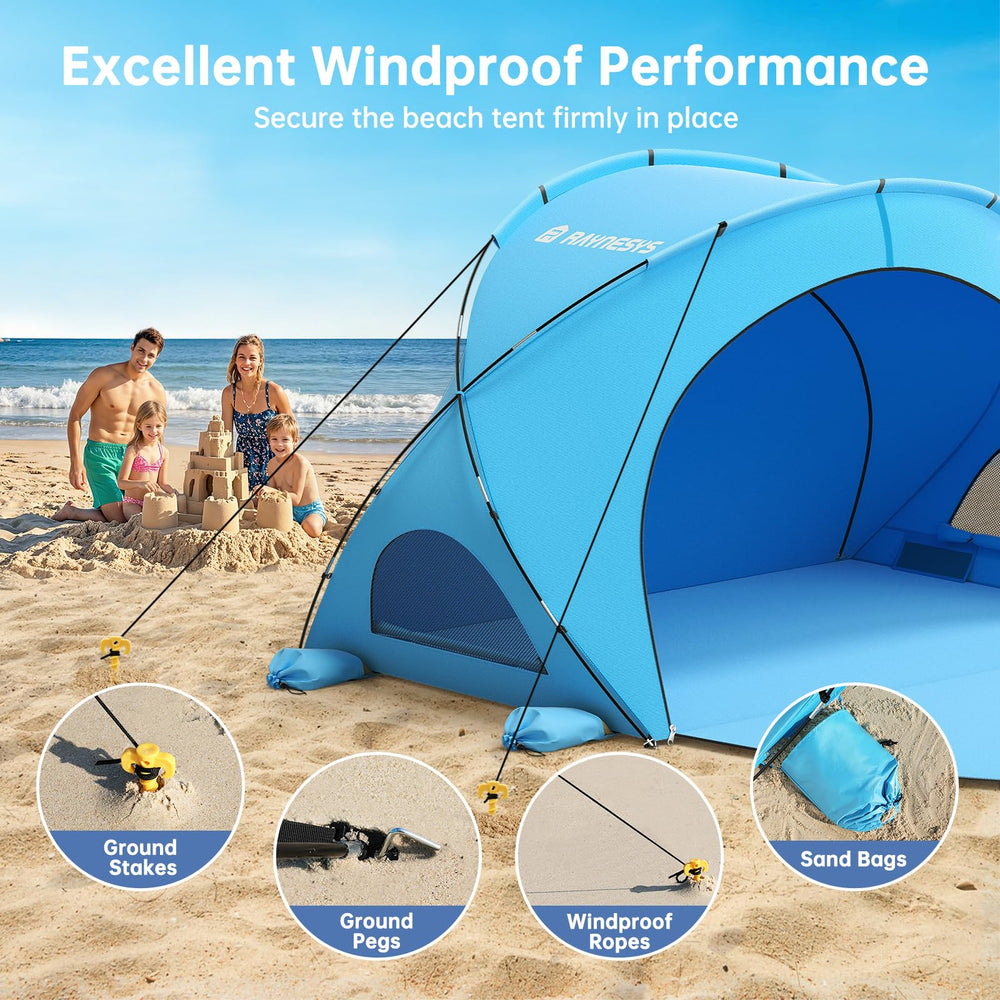 Raynesys Beach Tent mesh windows enhance ventilation and views.