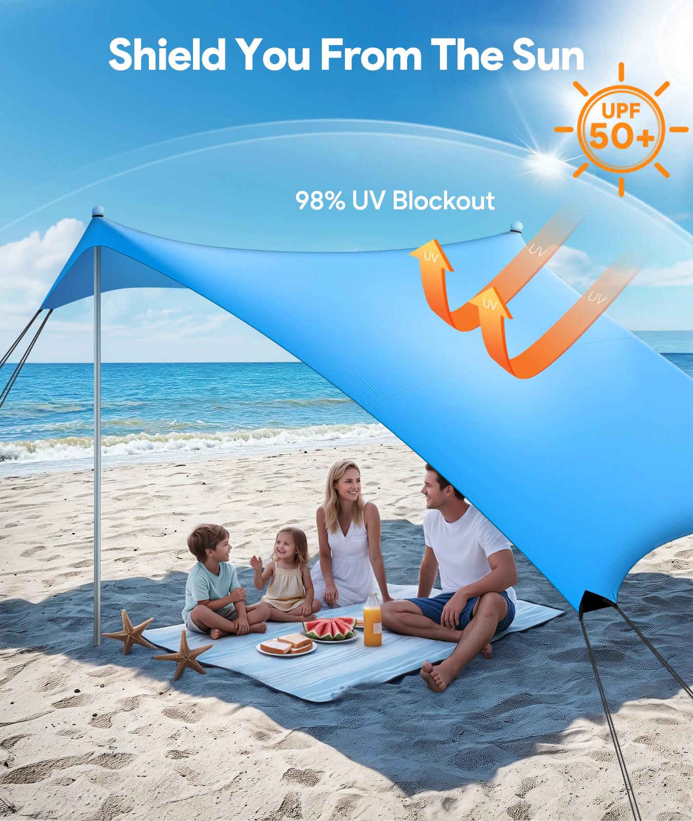 Raynesys Beach Tent setup with 4 poles for quick, stable shelter