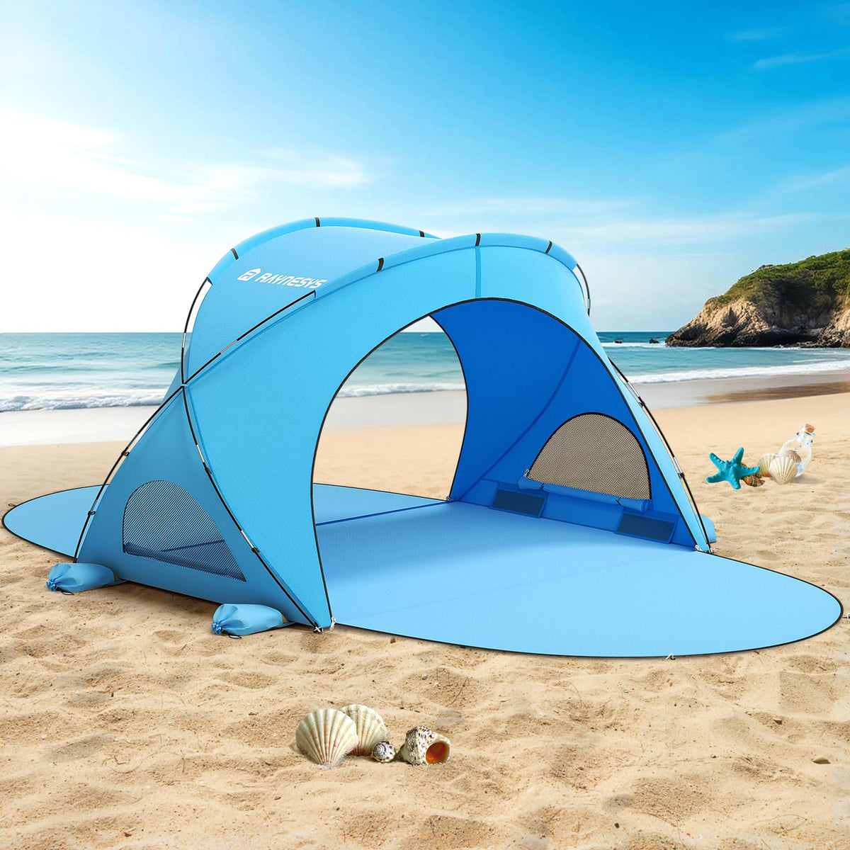 Raynesys beach tent setup showing roomy shade for 1-3 people on sunny days