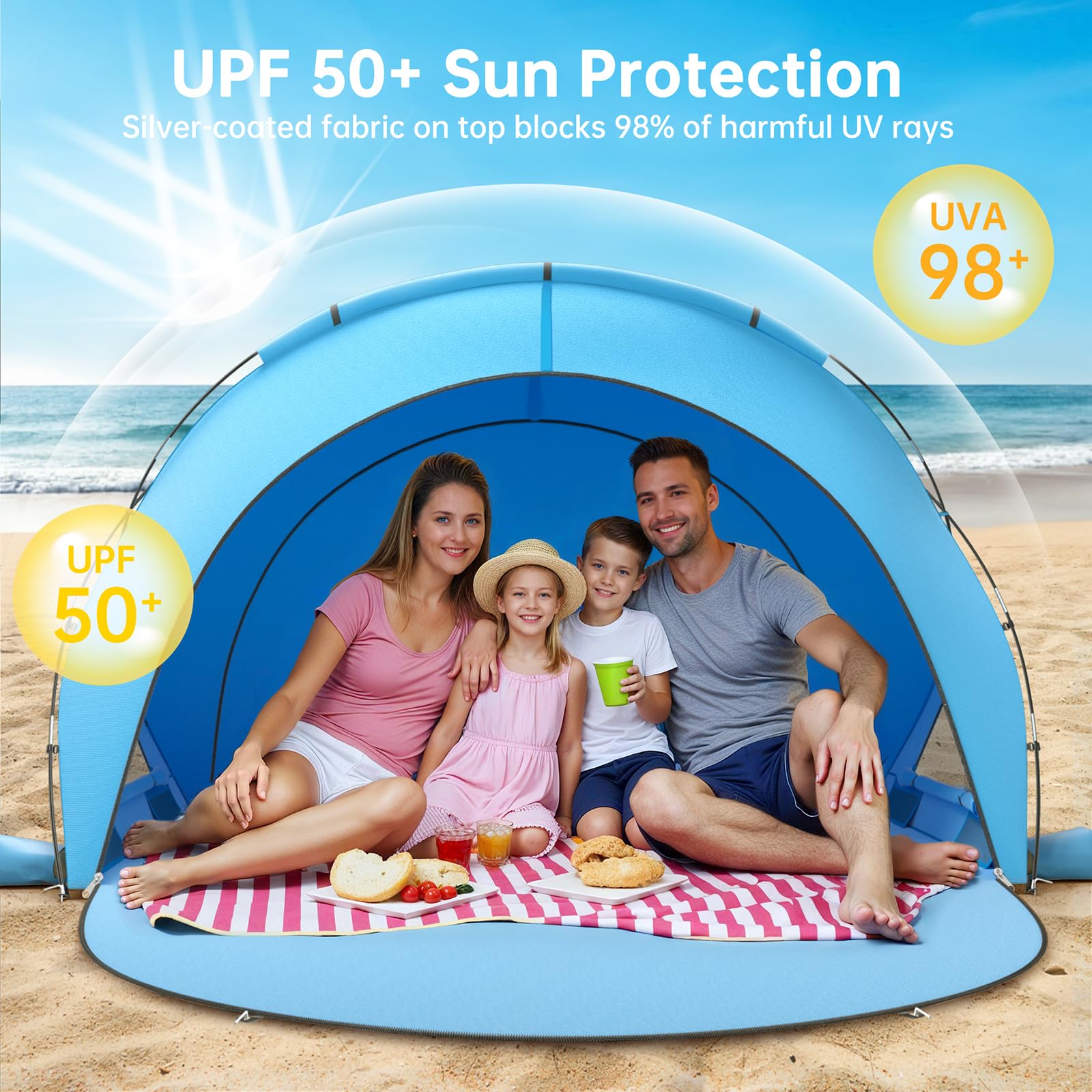 Raynesys Beach Tent UPF50+ fabric blocks harsh sun.
