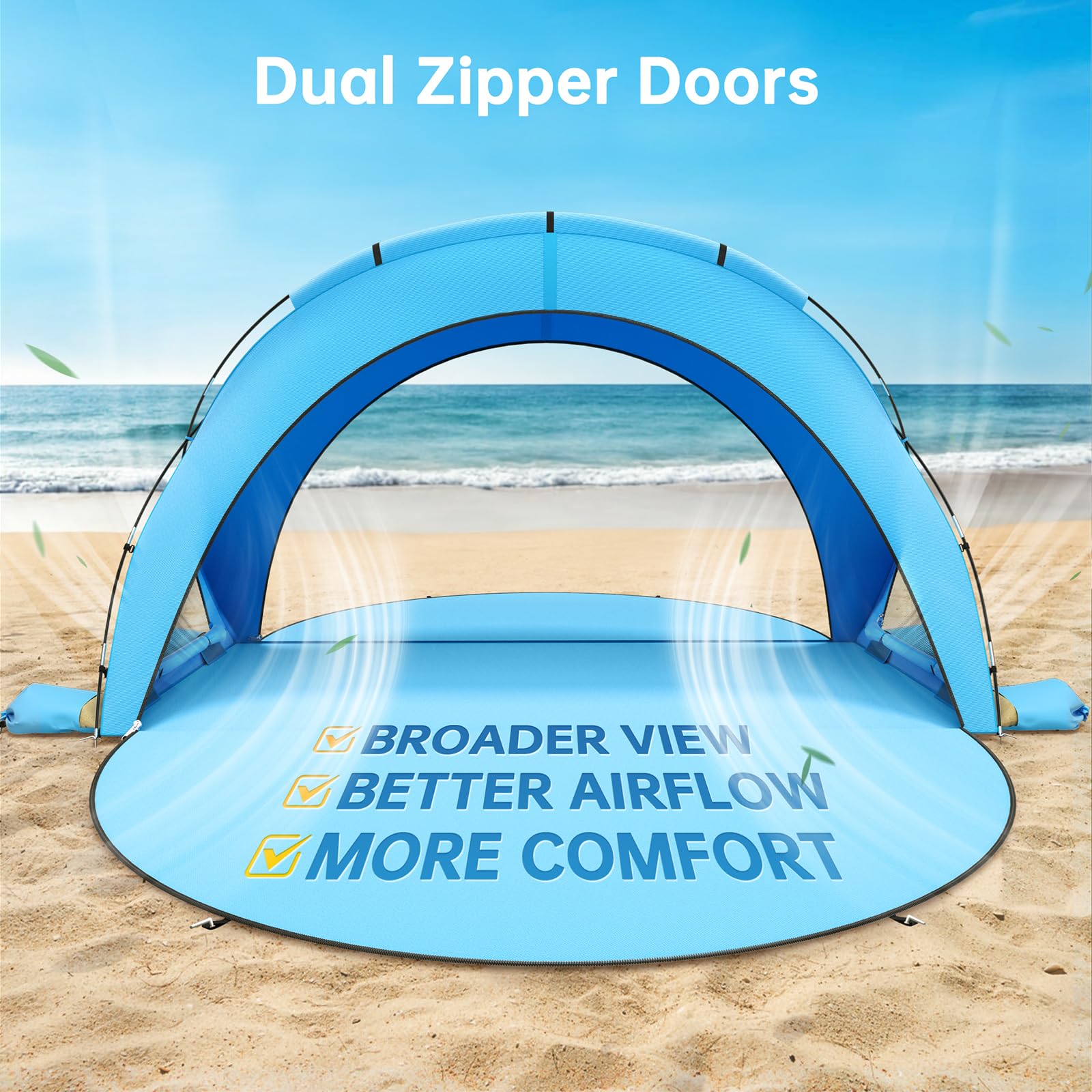 Raynesys beach tent ventilation via mesh windows for a breezy beach experience.