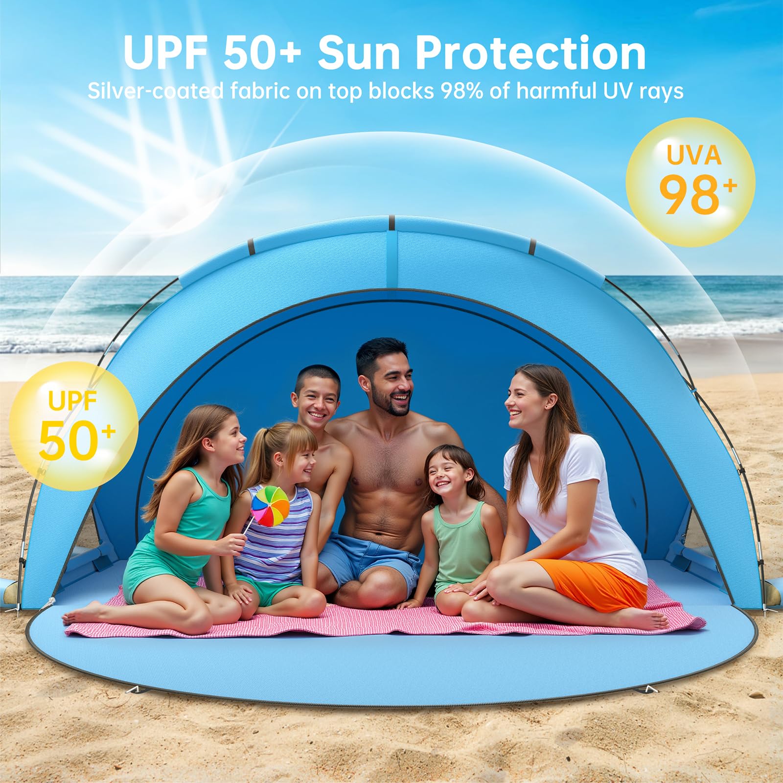 Raynesys sun shelter uses silver-coated fabric for sun and water resistance.