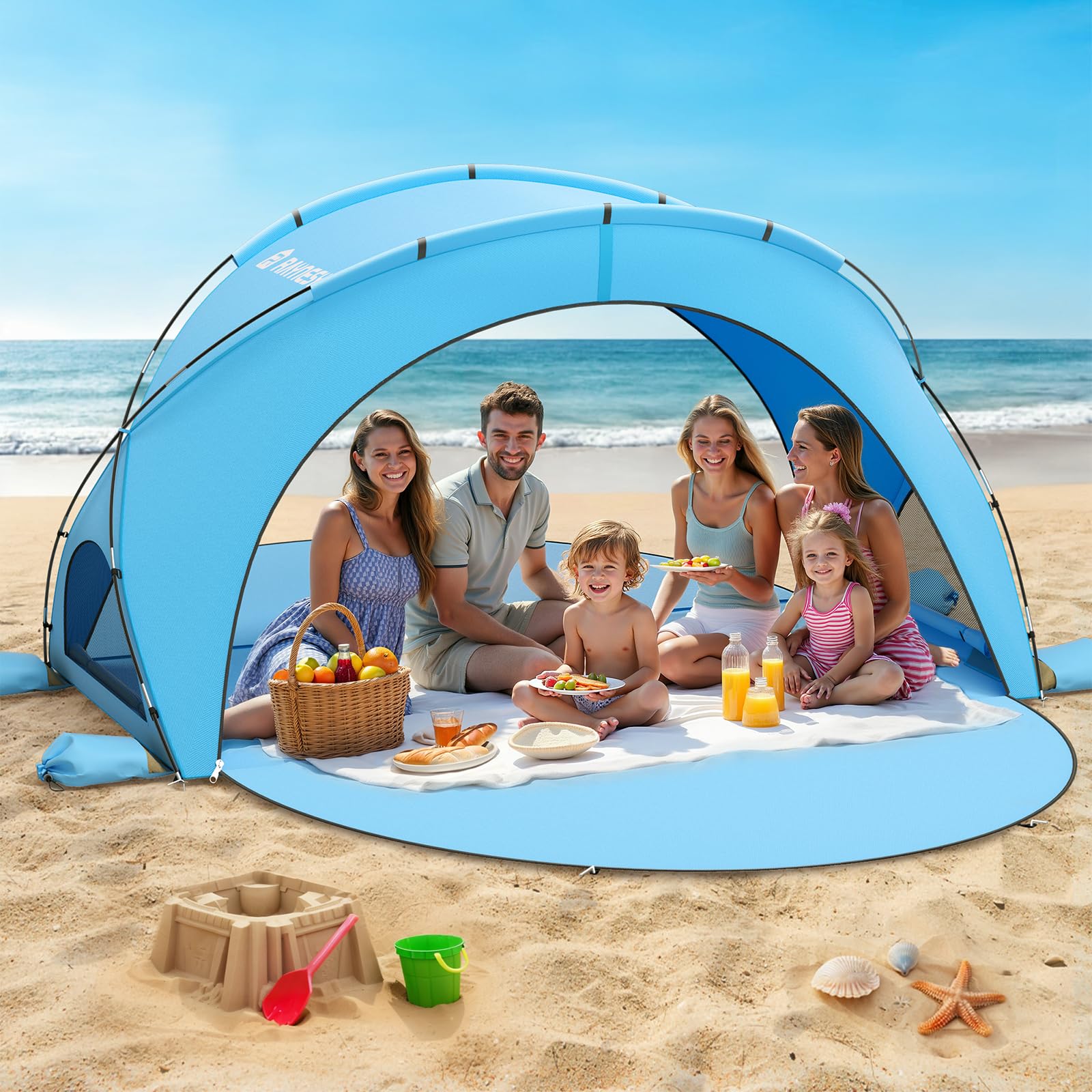Raynesys blue beach tent suits family trips, fishing, and beach picnics.