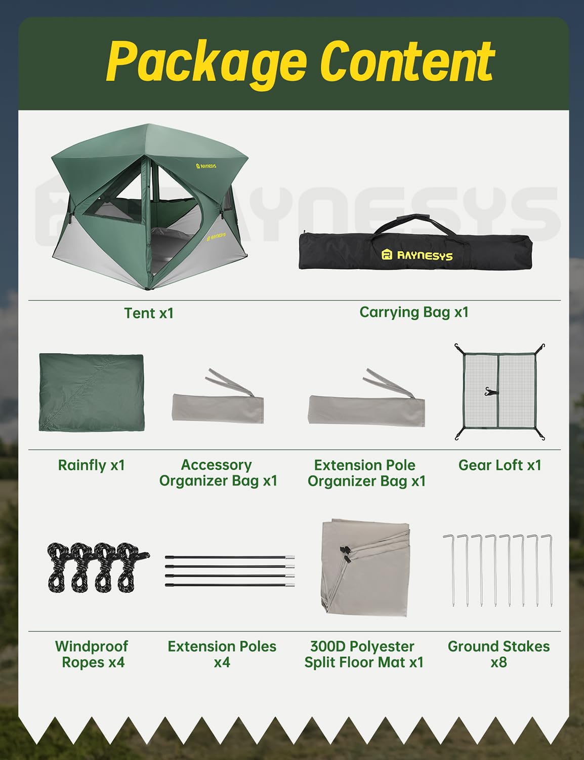 Raynesys tent includes removable rainfly and floor for easy cleaning