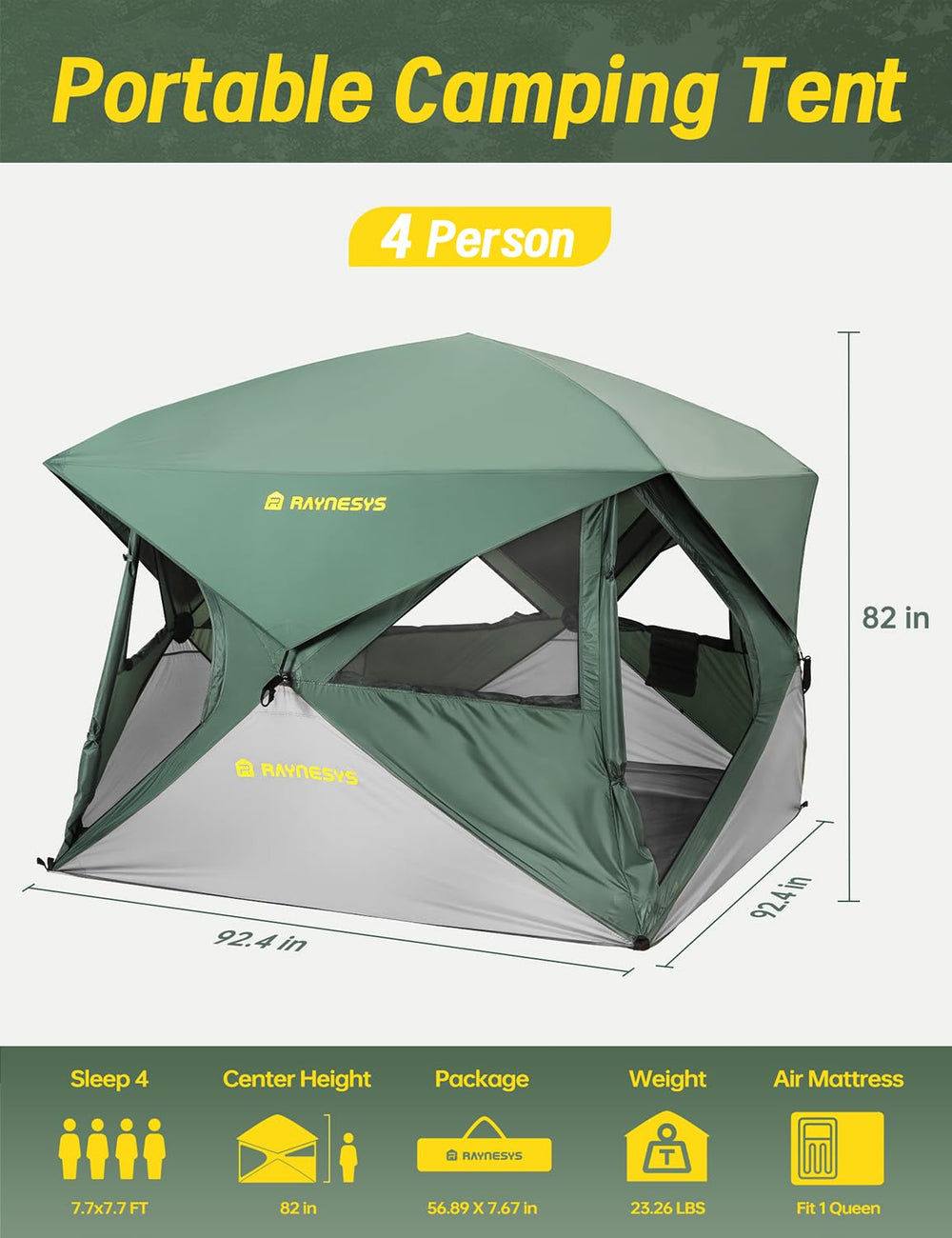 Raynesys tent with waterproof 3000mm rating protects gear during rain