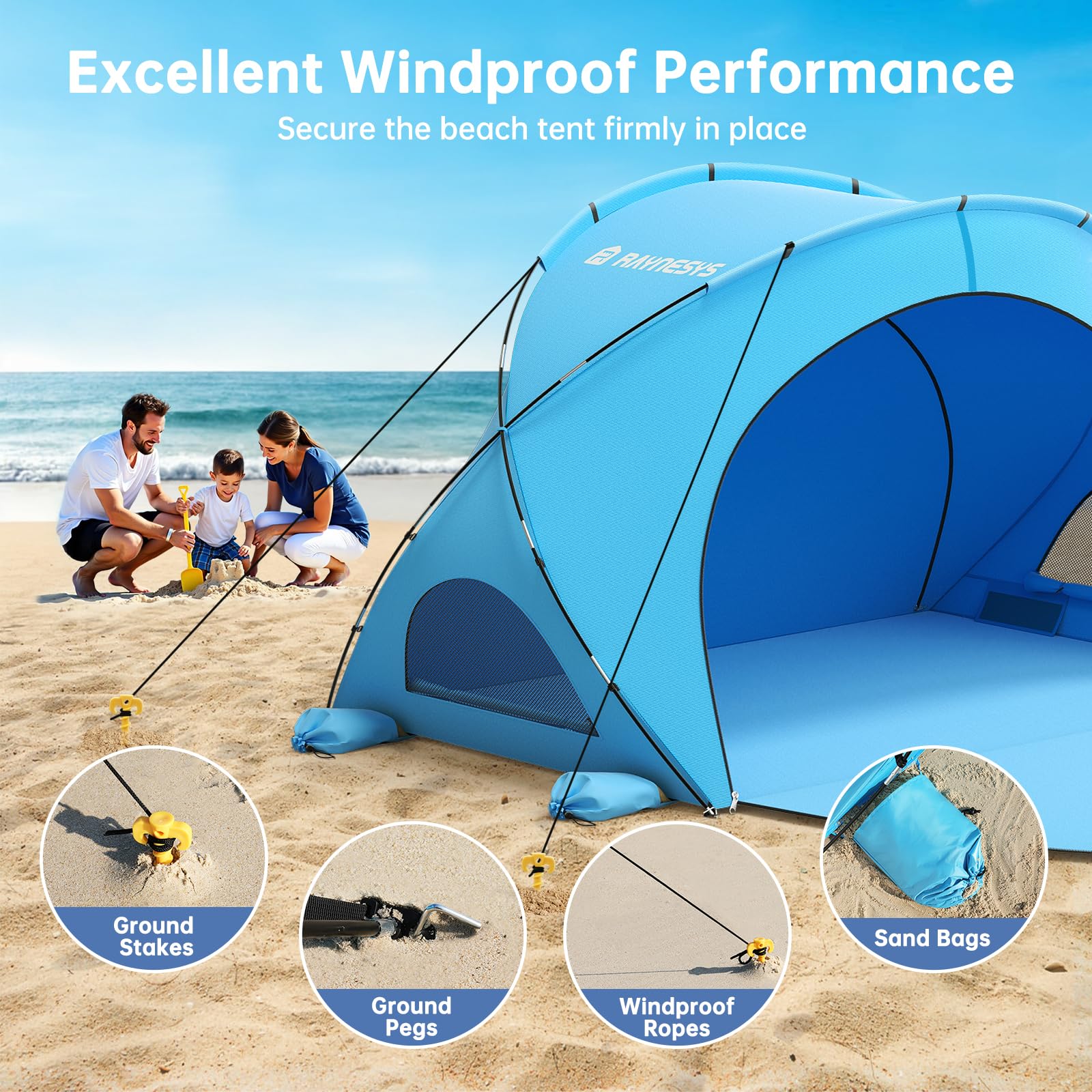Raynesys windproof poles highlight stable beach shade in windy conditions