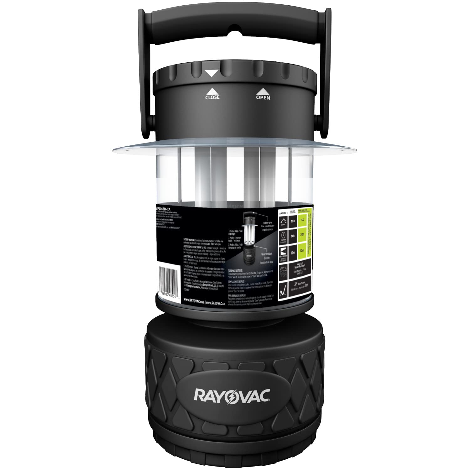 Rayovac Sportsman lantern lit at 300 lumens for broad outdoor area.
