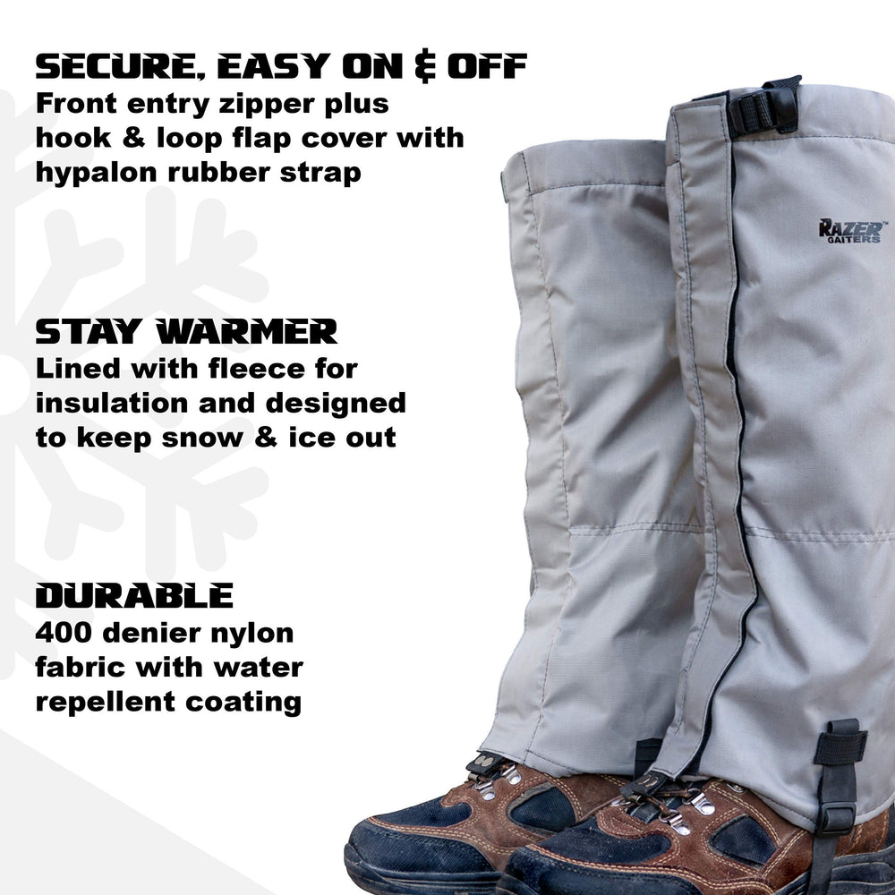 Razer Gaiters include under-arch strap and metal bootlace hook for stability.
