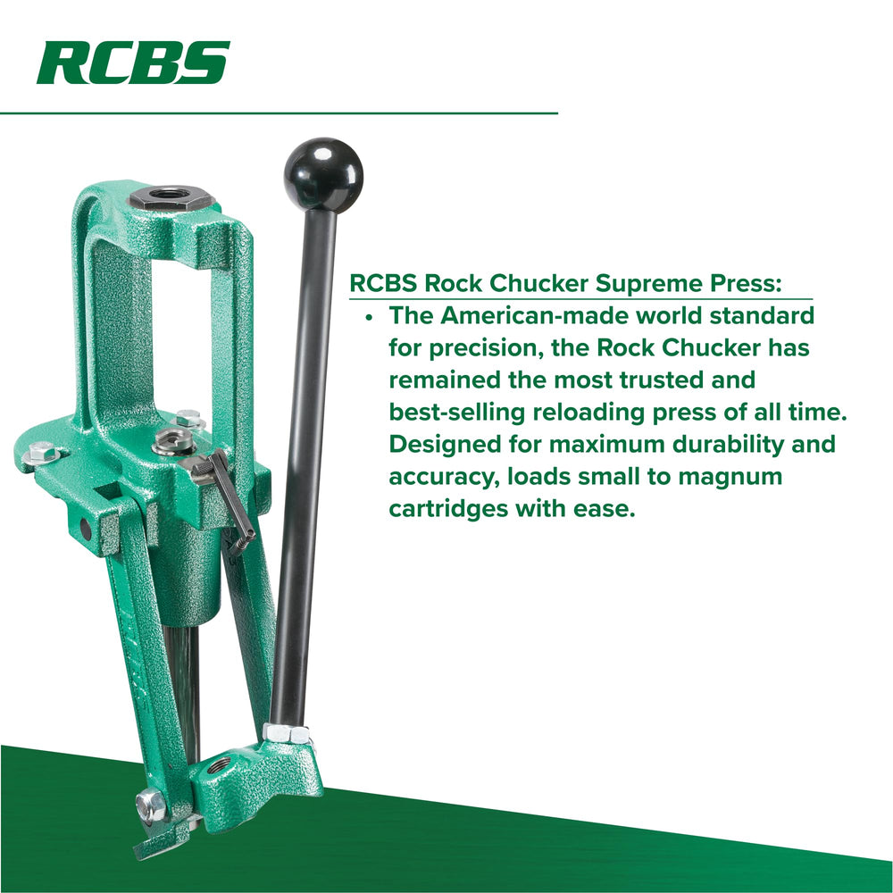RCBS Rock Chucker Supreme front view highlights four-inch ram-bearing surface for stability
