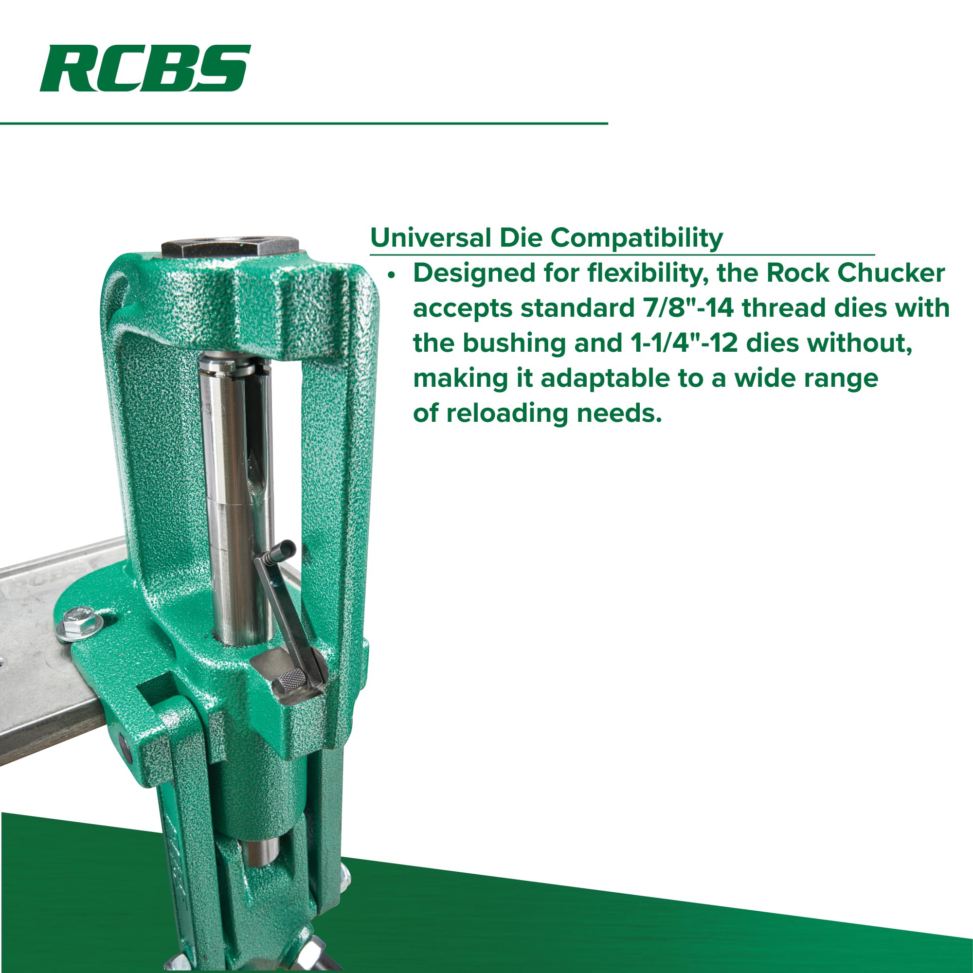 RCBS Rock Chucker Supreme handle close-up shows solid steel with comfortable ball grip