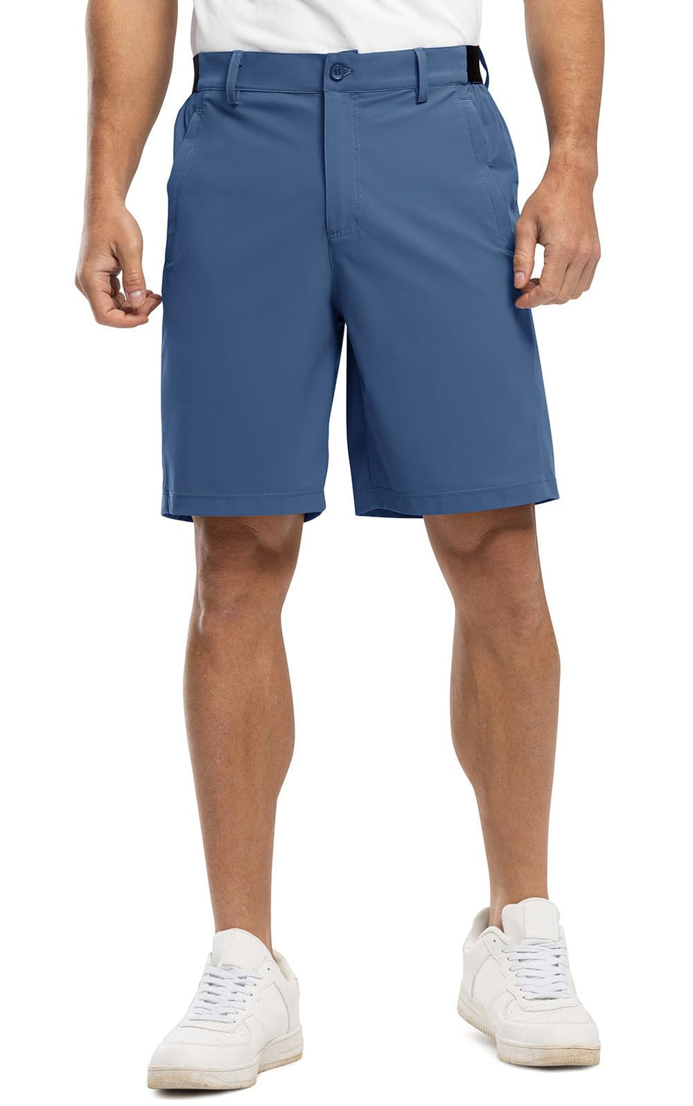 Rdruko golf shorts Indigo waistband close-up highlights silicone grip for tucked-in shirts.