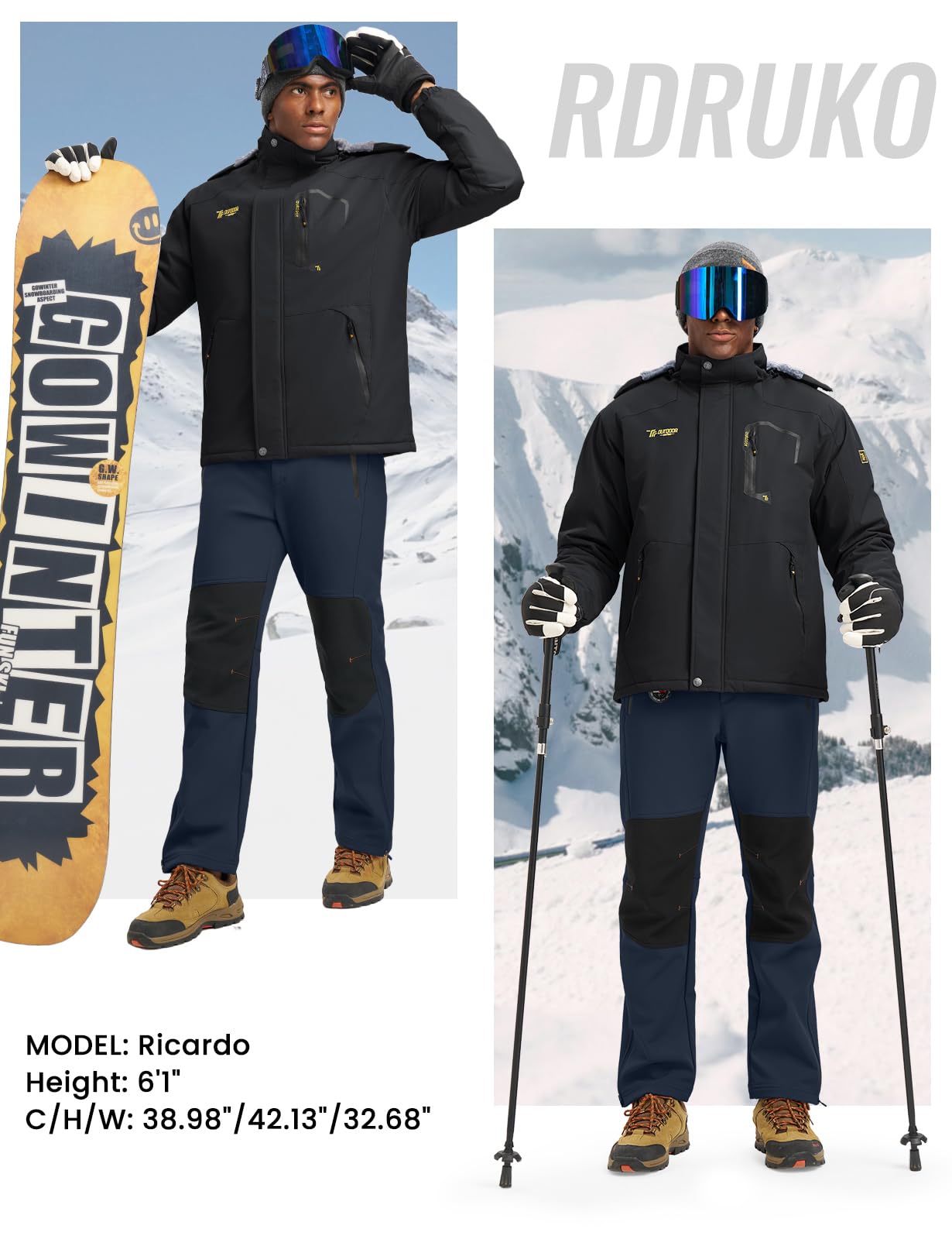Rdruko navy snow pants suitable for skiing, hiking, and camping.