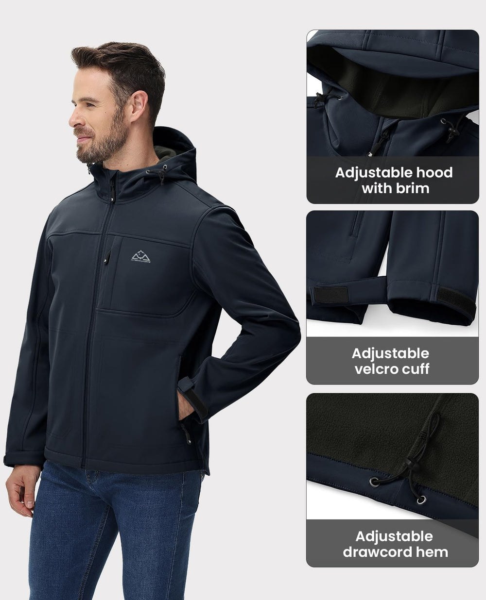 Rdruko men's softshell jacket rainproof brim closeup demonstrates weather-ready design