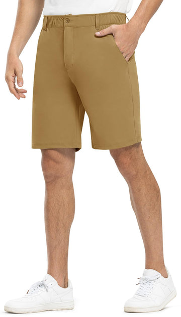 Rdruko men's stretch golf shorts light brown front view shows performance-ready design.