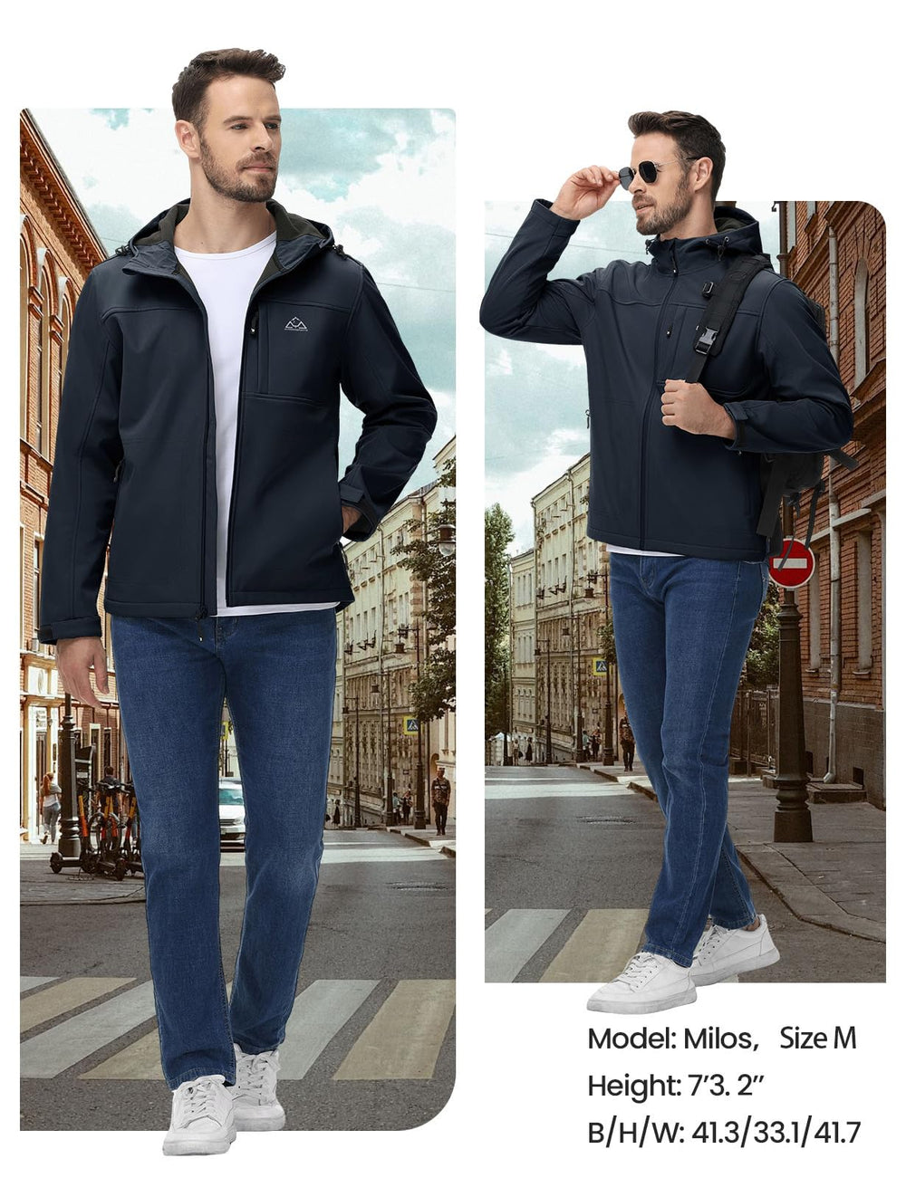 Rdruko navy blue softshell jacket worn for hiking and travel