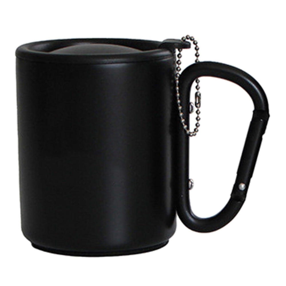 RDTGHY portable carabiner mug with lid attached to outdoor gear for secure transport