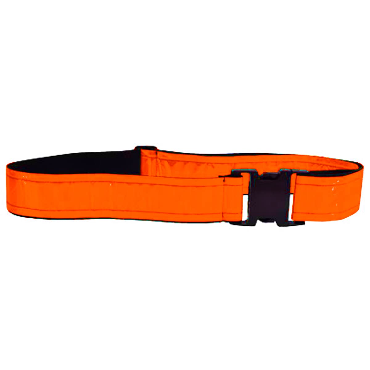 Re-Flex heavy-duty reflective belt with neon orange buckle for high visibility in low light.