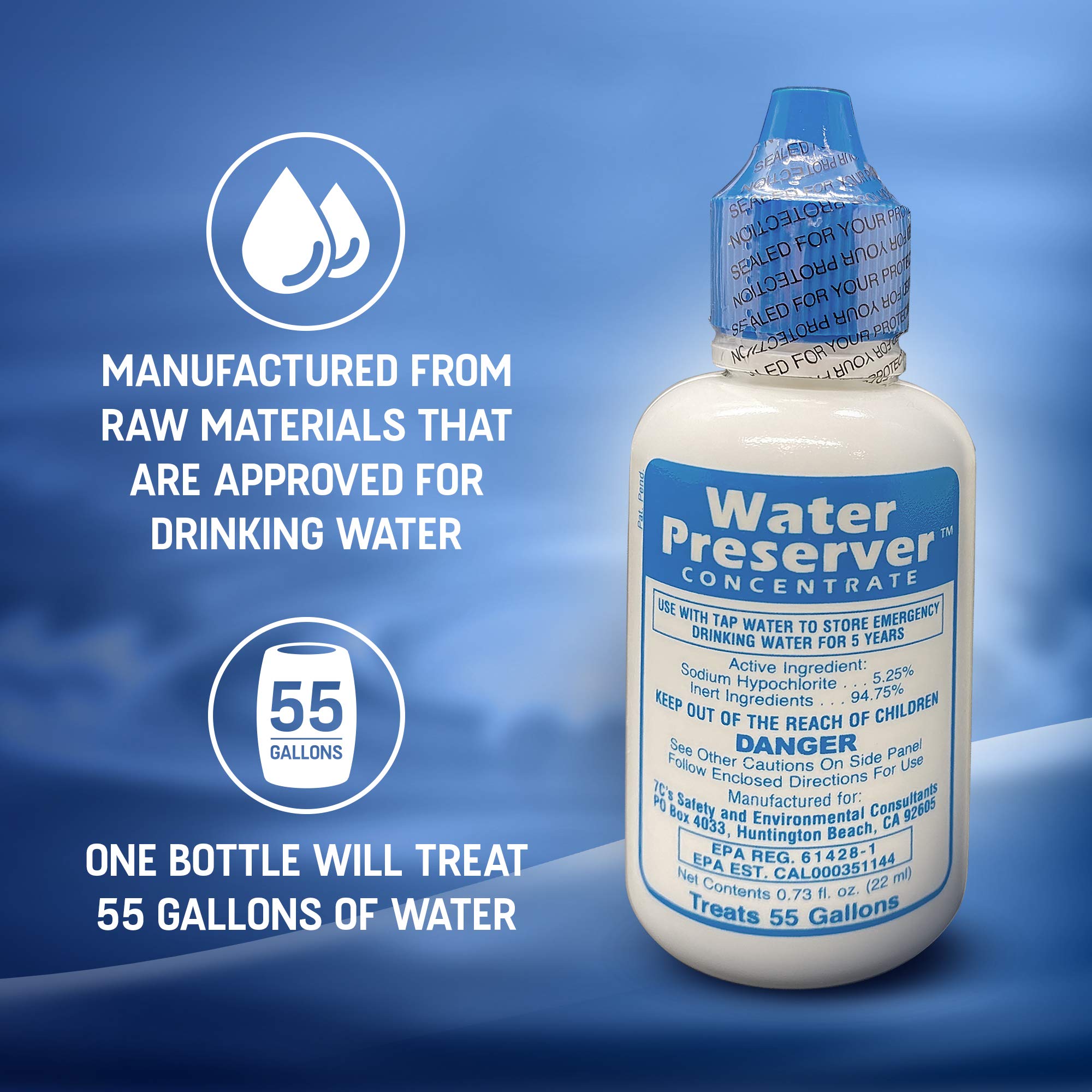 Re Water Preserver concentrate packaging showing five-year stability for preparedness