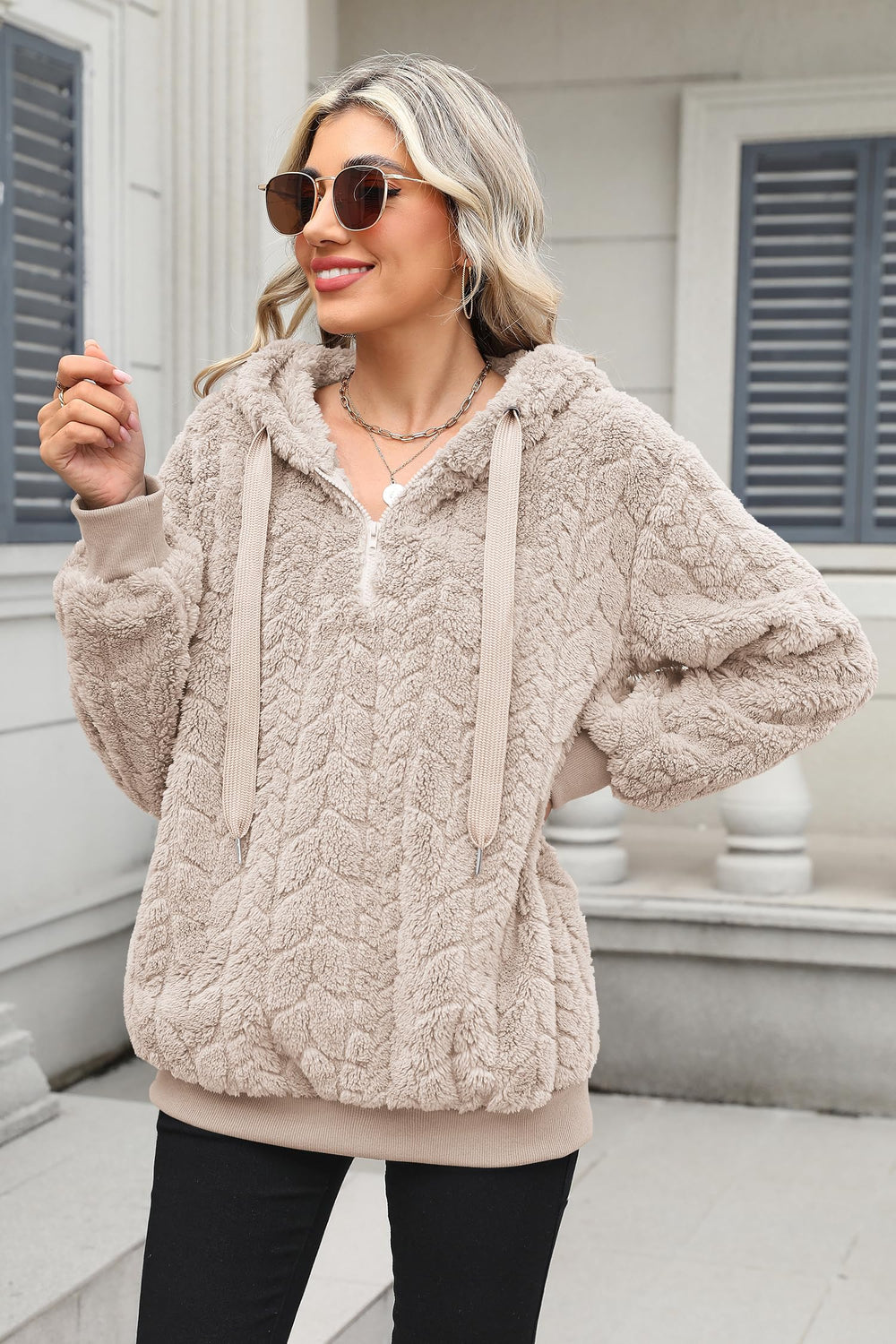 ReachMe sherpa fabric texture conveys soft warmth and plush comfort.
