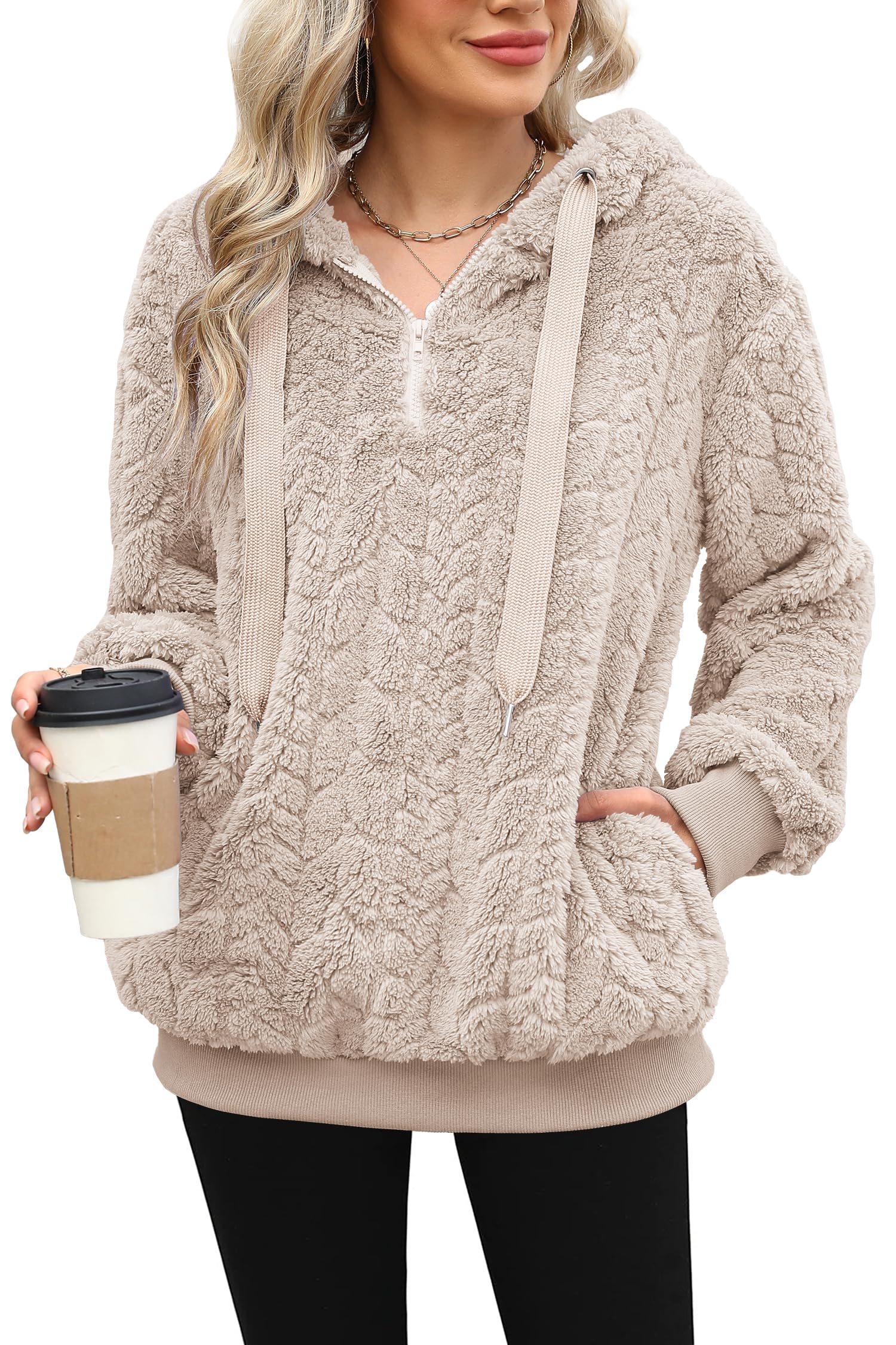 ReachMe women's sherpa hoodie front view shows cozy fleece warmth for daily wear.
