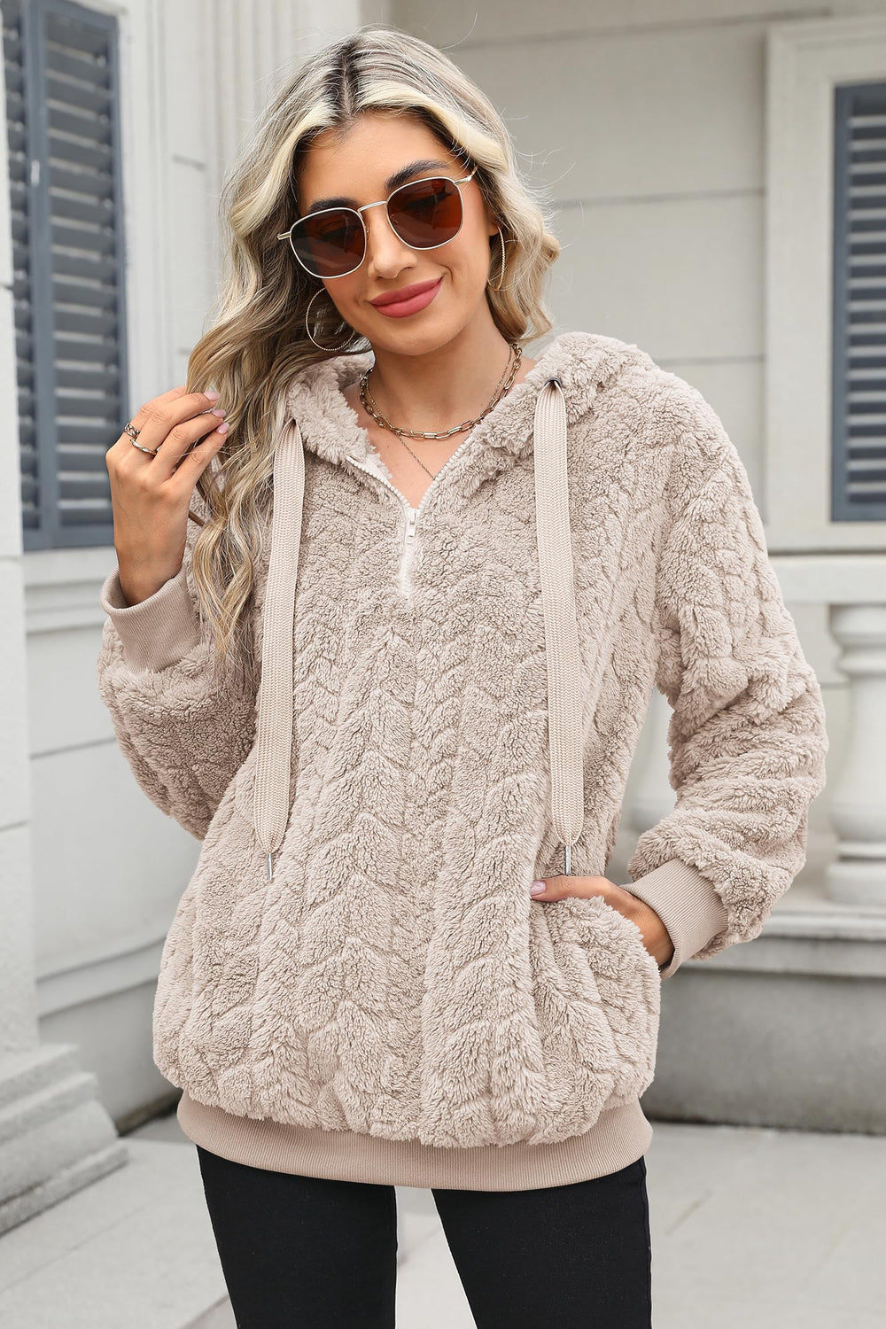 ReachMe women's sherpa hoodie full outfit styling from lounge to street.
