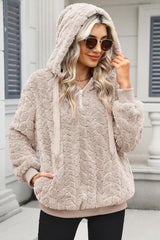 ReachMe sherpa hoodie side pocket detail highlights practical storage on chilly days.