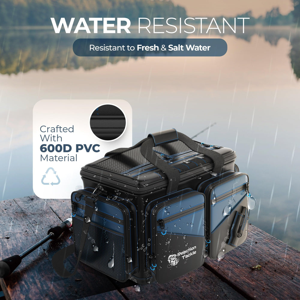 Reaction Tackle bag on wet surface demonstrates water resistance during fishing.