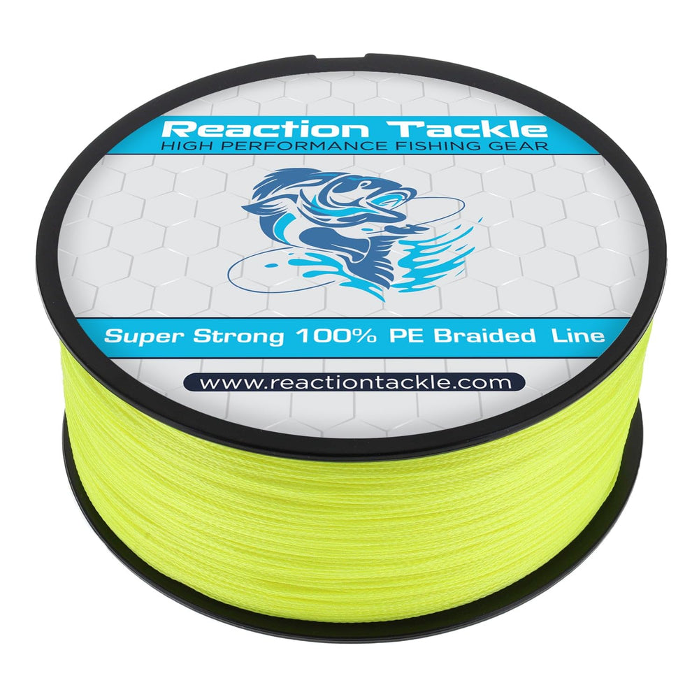 Reaction Tackle braided line on reel hi vis yellow for quick strike detection.