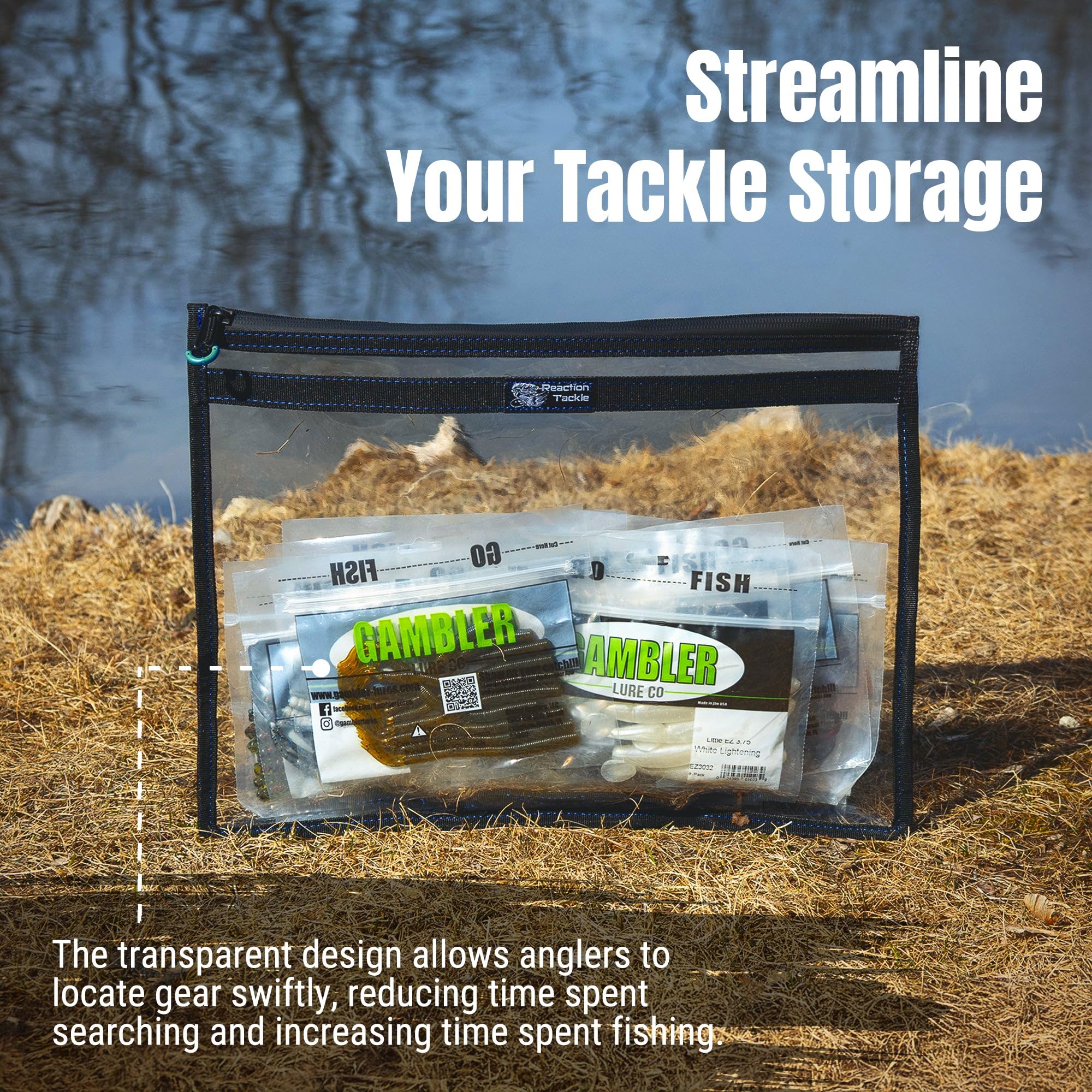Reaction Tackle clear bag 16x12 top view, easy access for bulk plastic baits.