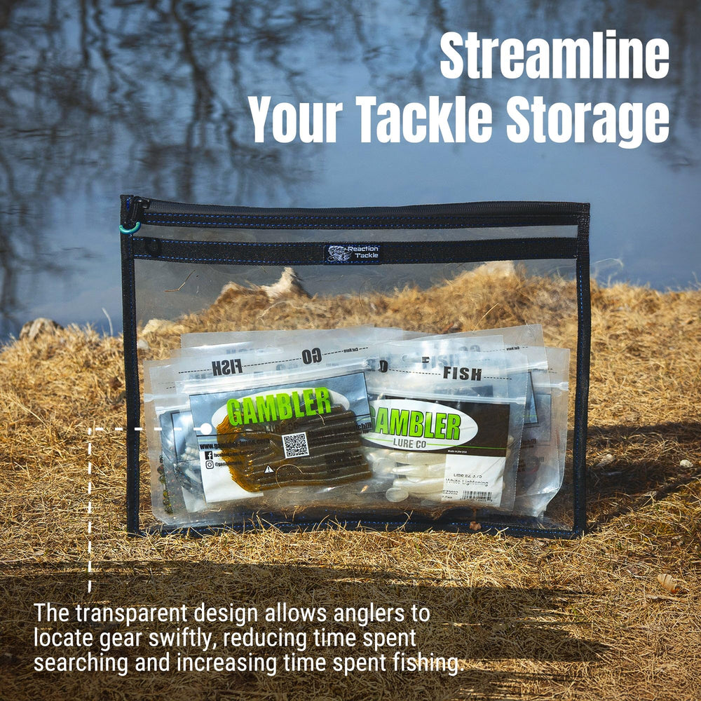 Reaction Tackle clear bag 16x12 top view, easy access for bulk plastic baits.