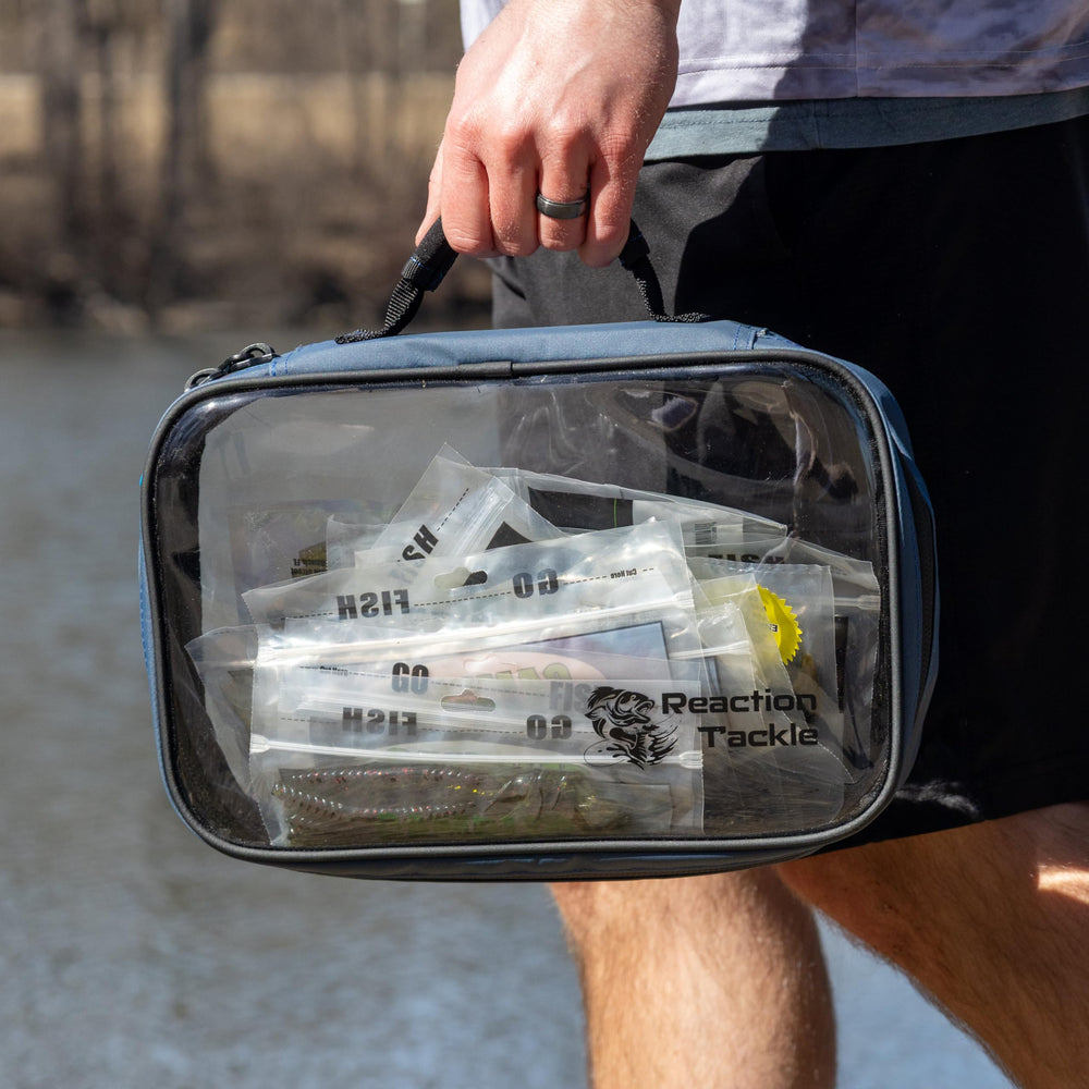 Reaction Tackle Deluxe Clear Binder side view highlights durable, water-resistant fabric for saltwater use.