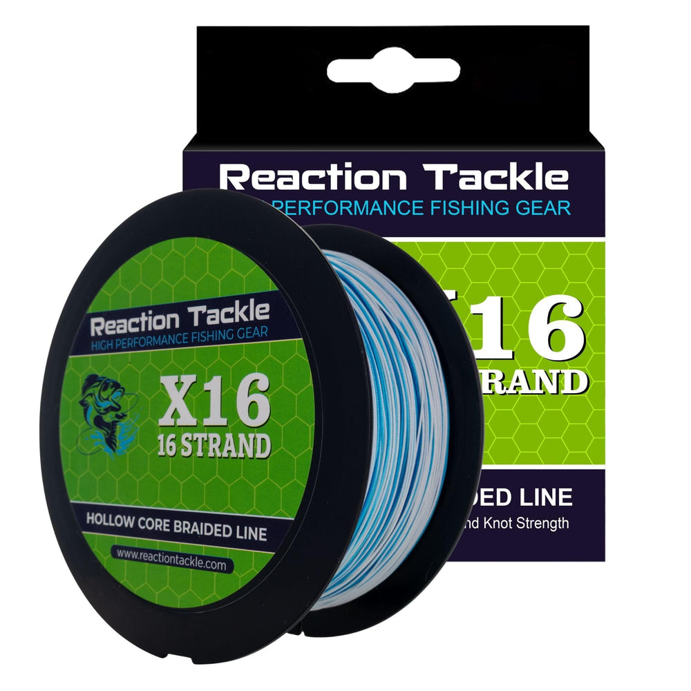 Reaction Tackle hollow core braided line in blue camo showing 130lb strength and 1200 yards for durable rigs