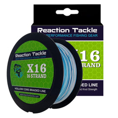 Reaction Tackle hollow core braid in blue camo shows 65lb strength for long casts