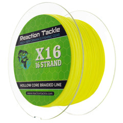 Reaction Tackle hollow core braided line hi vis yellow spool closeup showing texture