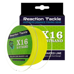 Reaction Tackle Hollow Core 16-strand braid on hi-vis yellow spool for durable 150lb line visibility