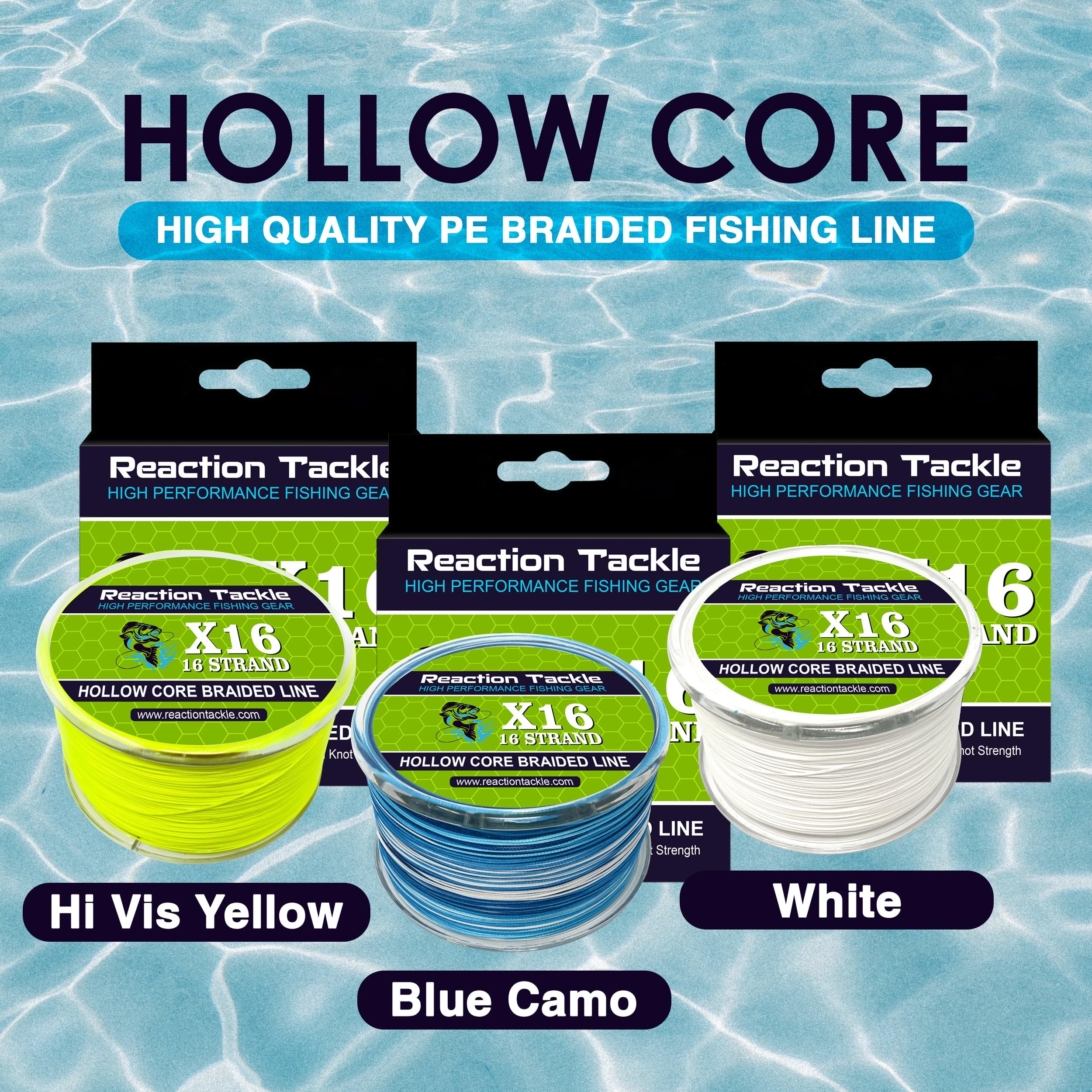 Reaction Tackle hollow core line close-up highlighting low memory and smooth surface.