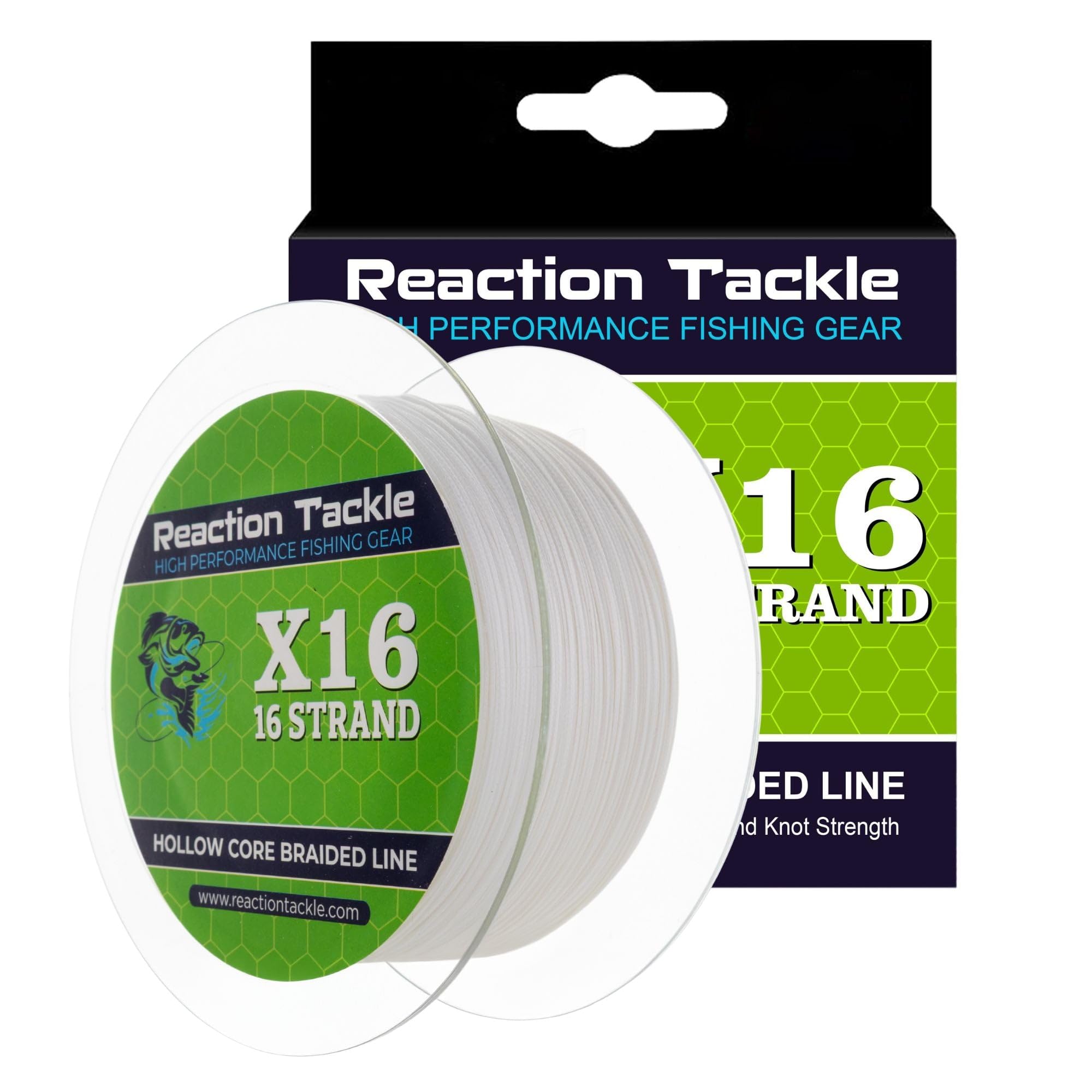 Reaction Tackle hollow core line on spool showing knotless splice capability for easy leader connections.